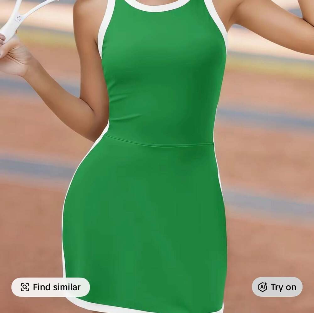 Fisoew Women's Sleeveless Halter Tennis Dress White Piping Open Back NWT Green M